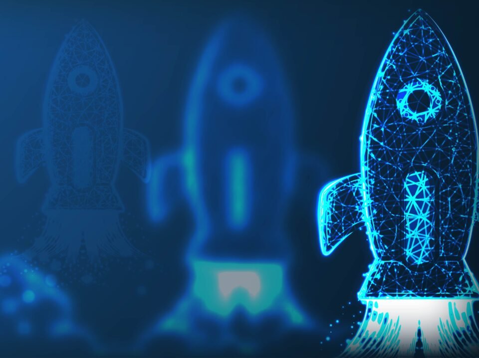 Rocket launch. Business startup concept, Low poly style design.